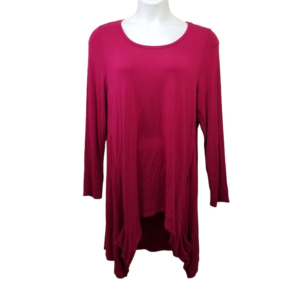 LOGO Lori‎ Goldstein L Pink Stretch Tunic Sharkbite Hem Pockets Lagenlook